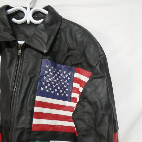 Vintage | Men’s Black Leather International Flag Bomber Jacket | xxl - Picture 5 of 14